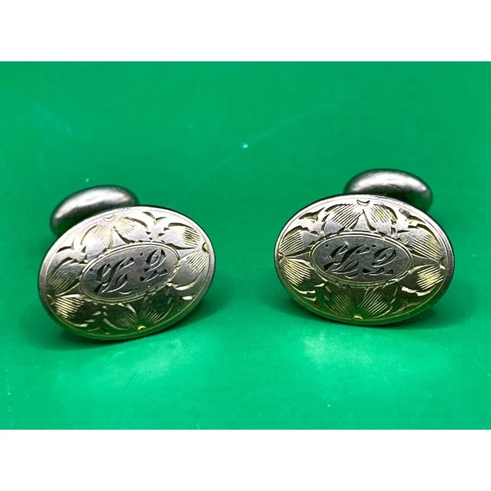 Antique Monogrammed EB Gold Tone Oval Cufflinks Etched Floral Art Deco Style